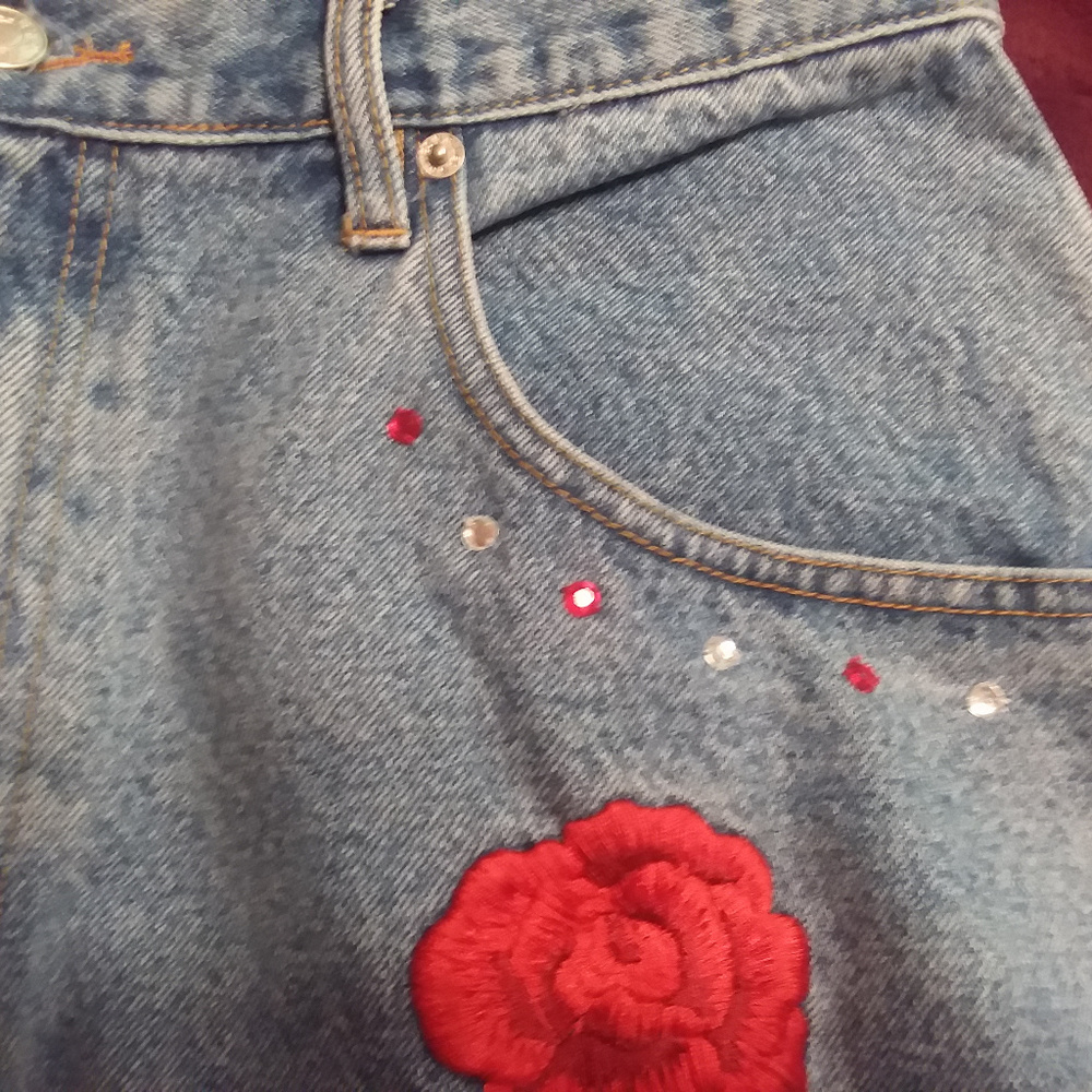 Adriana Sport Red Roses Embroidered Denim Skirt 18